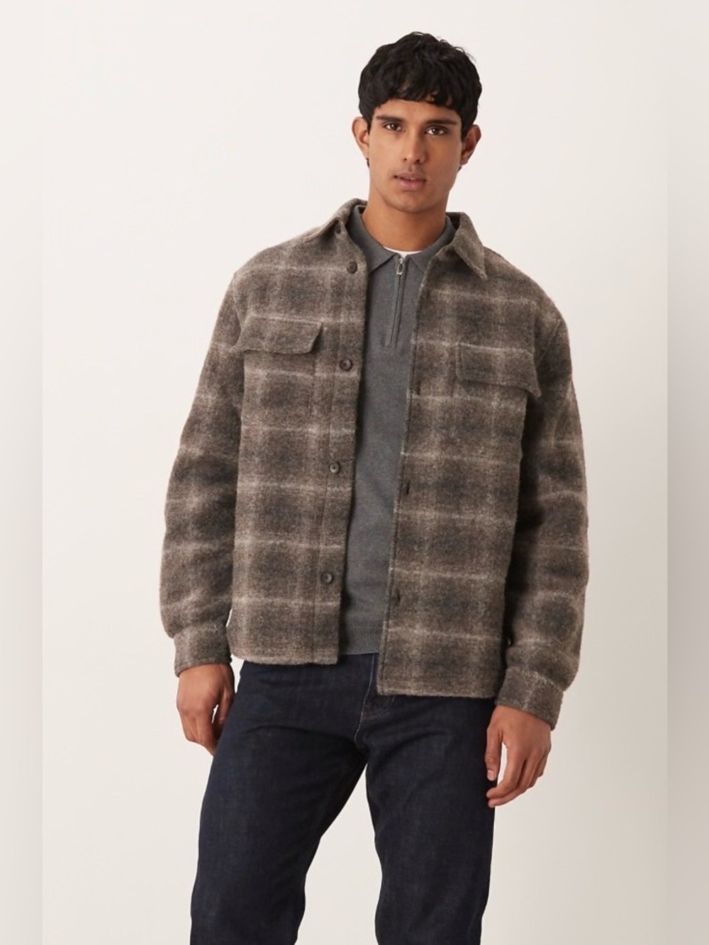 Mango wool blend plaid shacket in brown XS